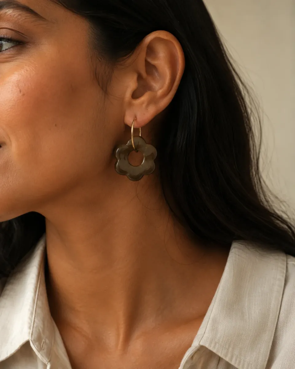 Chocolate Petal Pop hoop earring shown on a model